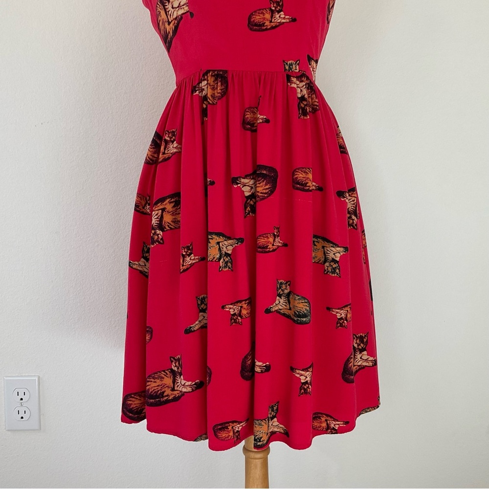 ModCloth Red Cat Print Fit & Flare Dress S - Picture 3 of 16